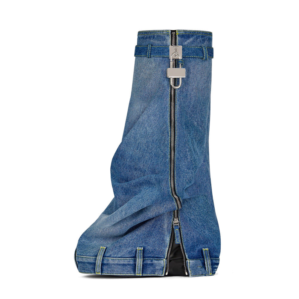 Thick-soled Denim Skirt With Shark Women's Round Toe Boots