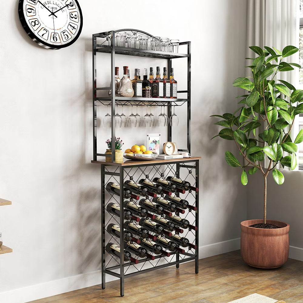 Freestanding Floor Wine Rack, Tall Wine Rack With Wine Glass Holder, Storage Rack, Wooden Metal Stackable Bread Rack, Modern Buffet Cabinet