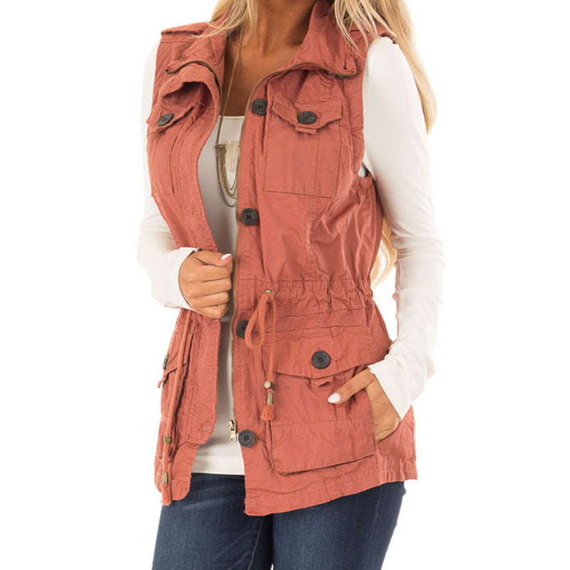 Solid Color Buttons Retro Drawstring Slim Fit Multi-pocket Women's Cardigan Vest