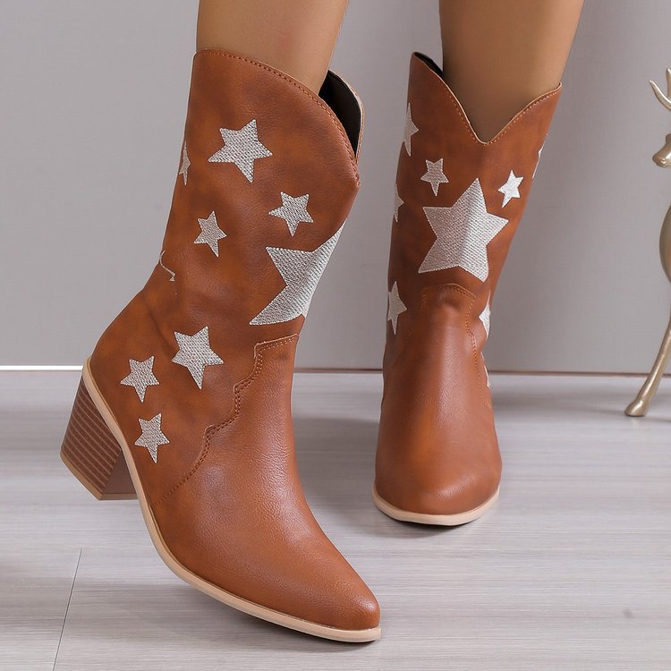 Women's Embroidered Knight Boots Winter Pointed Toe Chunky Heel Long Western Boots