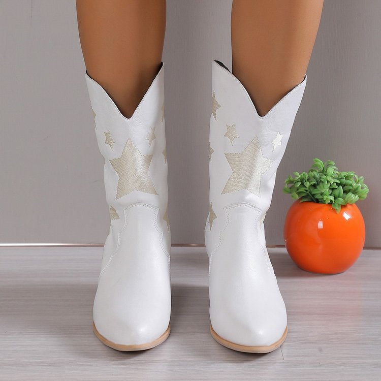 Women's Embroidered Knight Boots Winter Pointed Toe Chunky Heel Long Western Boots