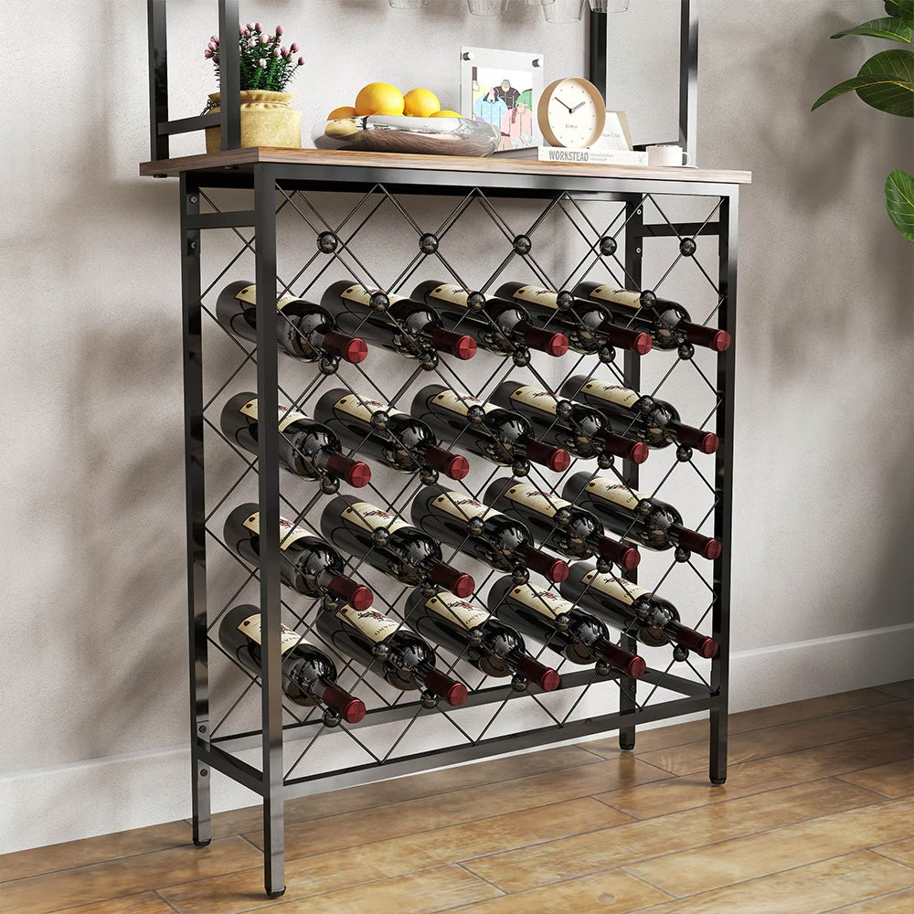 Freestanding Floor Wine Rack, Tall Wine Rack With Wine Glass Holder, Storage Rack, Wooden Metal Stackable Bread Rack, Modern Buffet Cabinet