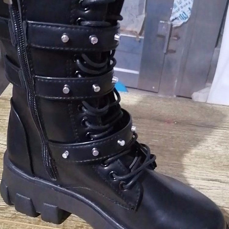 European And American Mid-calf Buckle Knight Boots Women