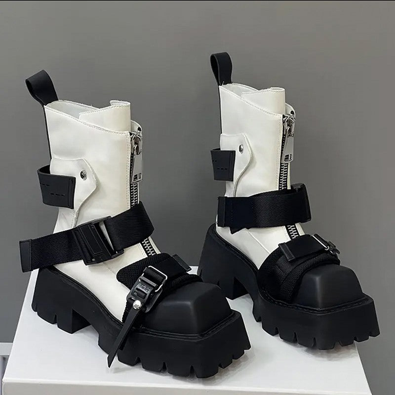 Leather Female Square Toe Thick Bottom Front Zip Ankle Boots