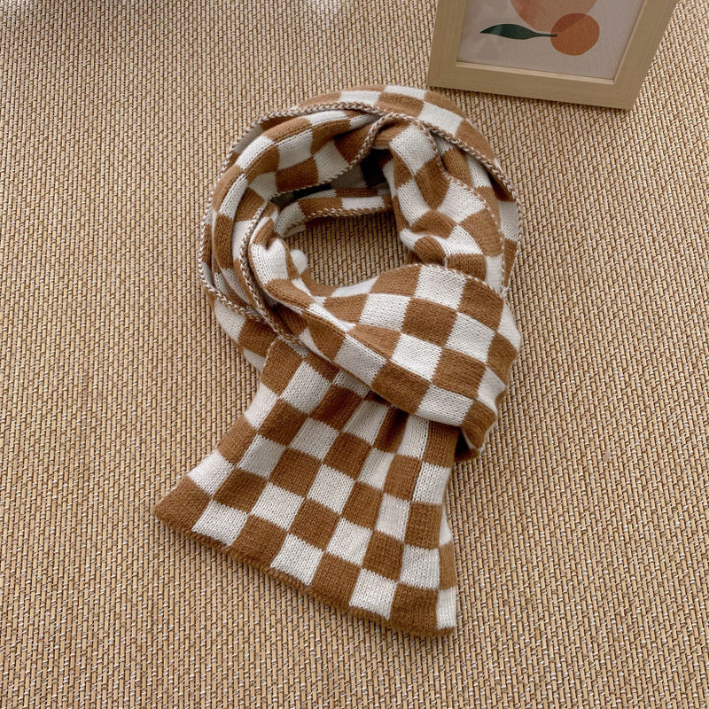 Houndstooth And Wave Pattern Print Scarf Women's Winter Korean Style Fashion Versatile Knitted Double-sided Warm Woolen Scarf