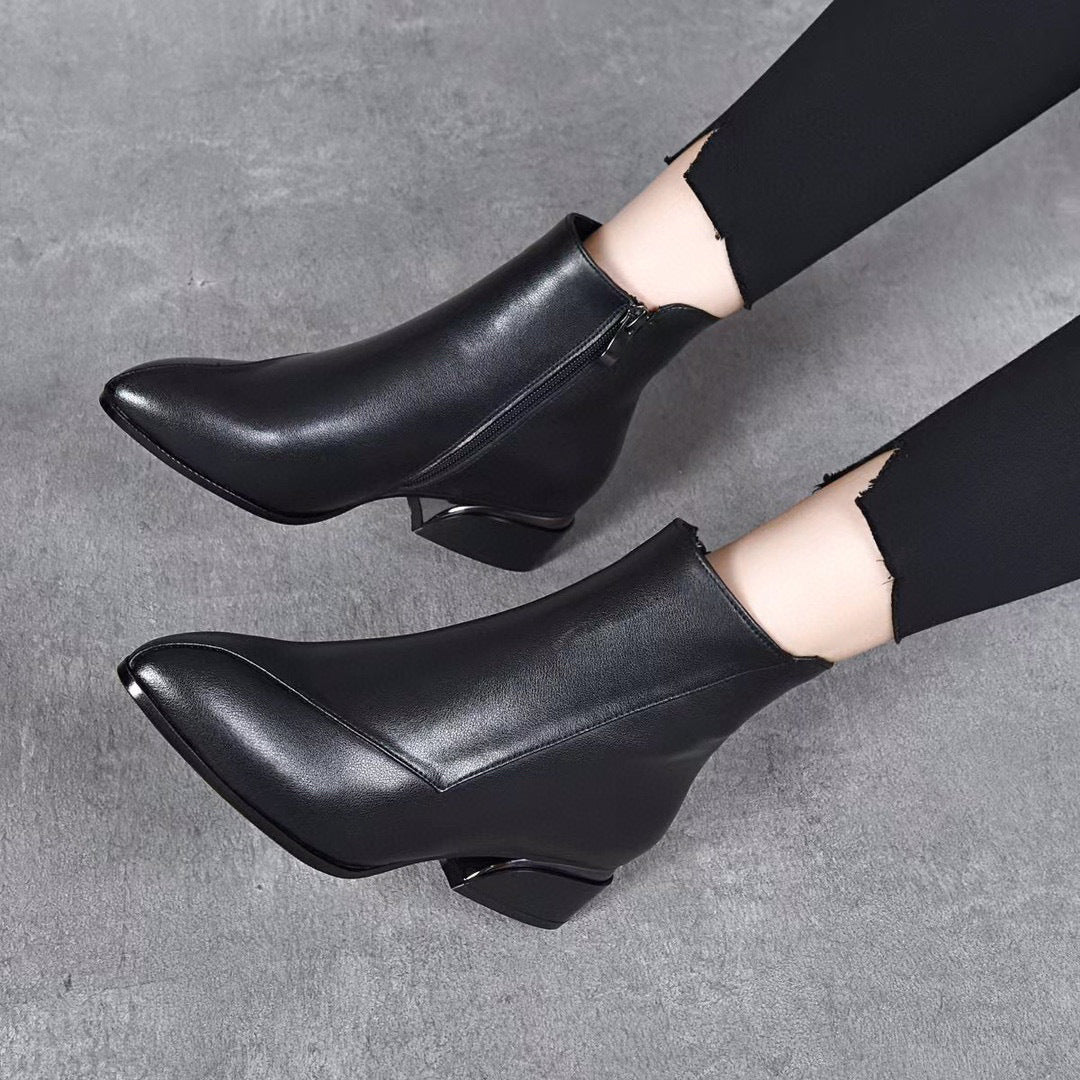 Women's Fashion Pointed Toe Chunky Heel Cowhide Ankle Boots