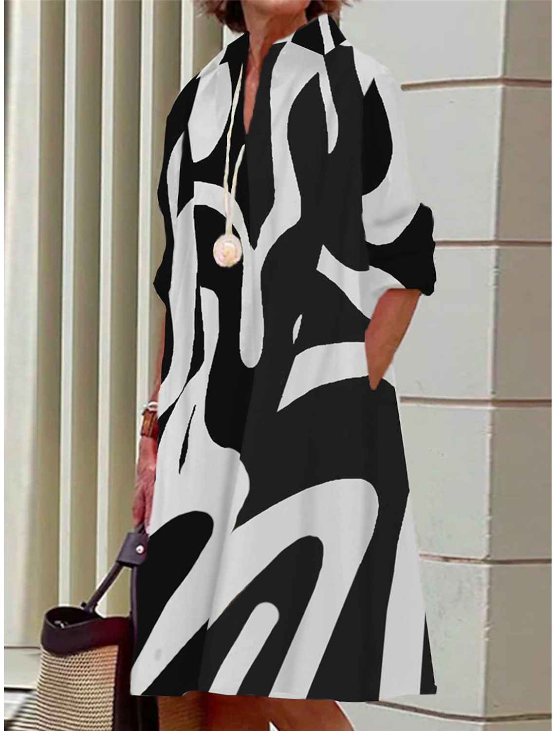 Black And White Blooming 3D Digital Printing Long-sleeved Shirt Dress