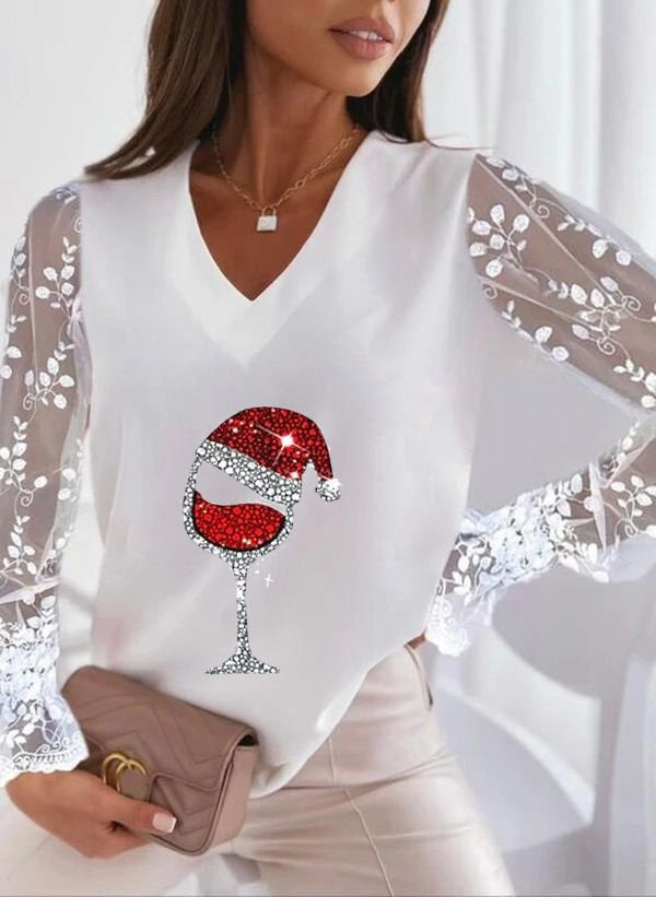 New WISH Christmas Printed V-neck Lace Sleeve All-matching Women's Wear T-shirt