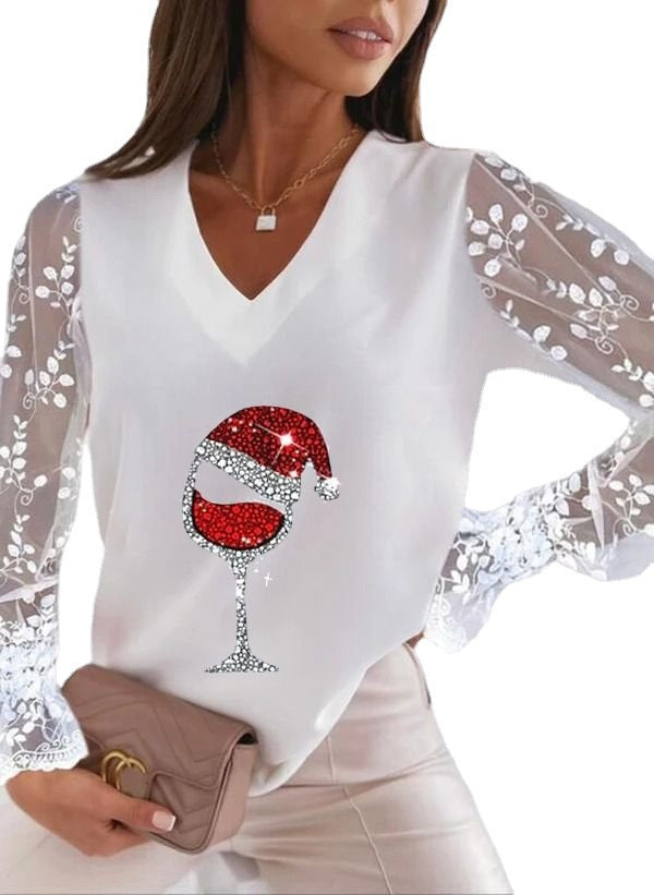 New WISH Christmas Printed V-neck Lace Sleeve All-matching Women's Wear T-shirt