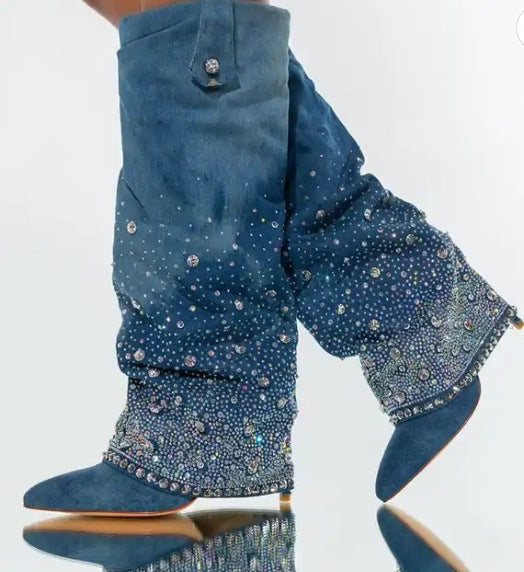 Heavy Industry Pointed Toe Stiletto Rhinestone Women's Boots Jeans Pipe Boots