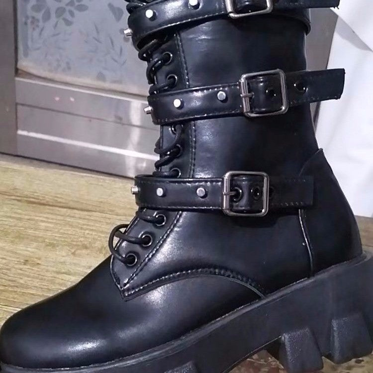 European And American Mid-calf Buckle Knight Boots Women