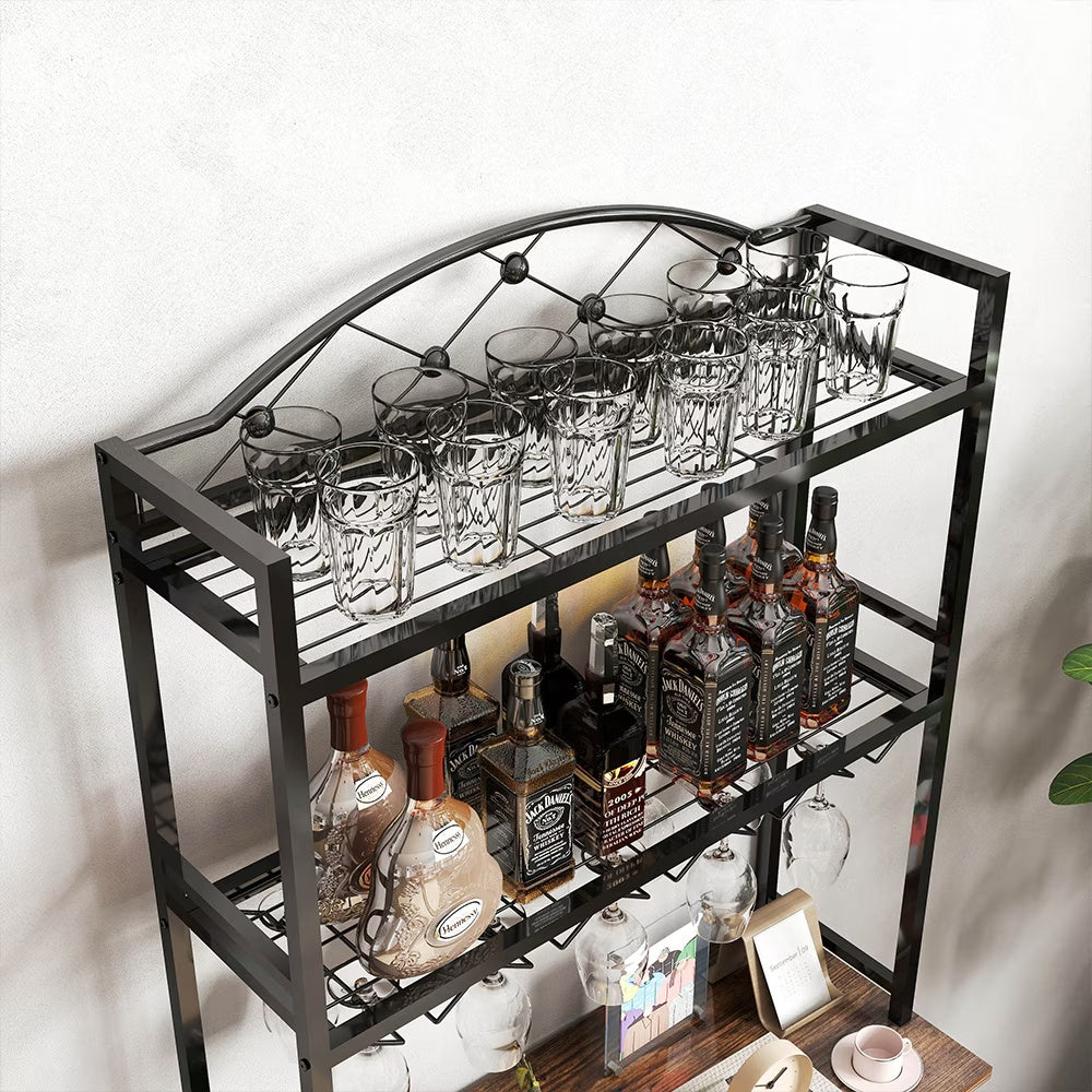 Freestanding Floor Wine Rack, Tall Wine Rack With Wine Glass Holder, Storage Rack, Wooden Metal Stackable Bread Rack, Modern Buffet Cabinet