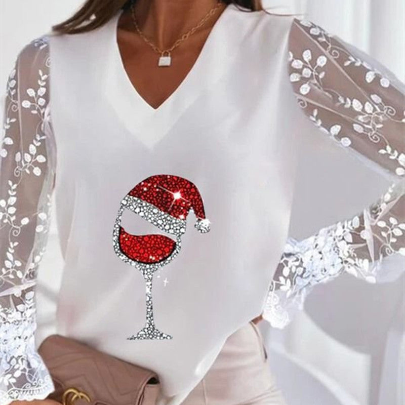 New WISH Christmas Printed V-neck Lace Sleeve All-matching Women's Wear T-shirt