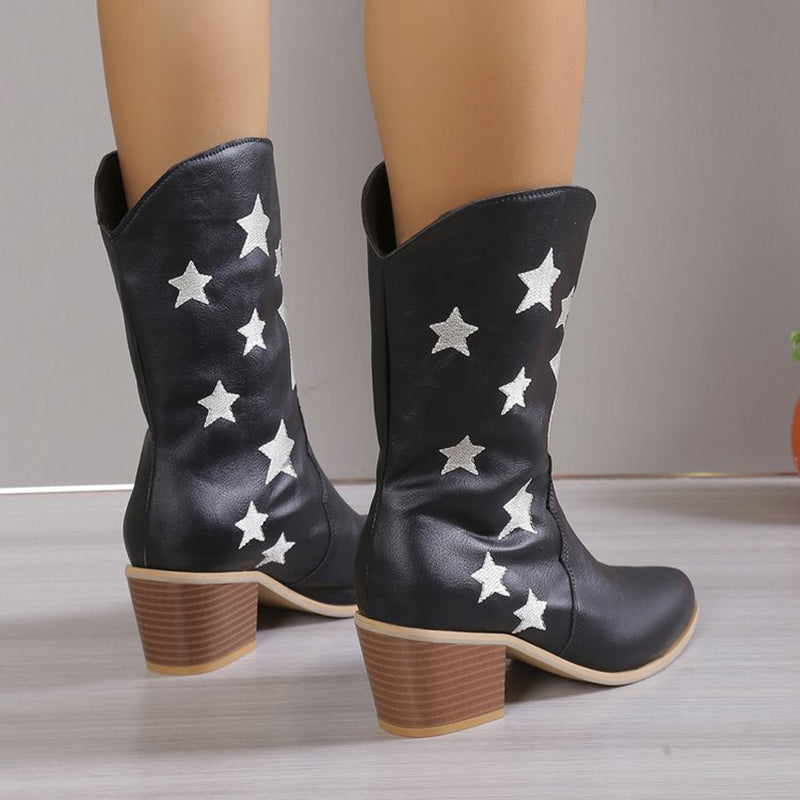 Women's Embroidered Knight Boots Winter Pointed Toe Chunky Heel Long Western Boots