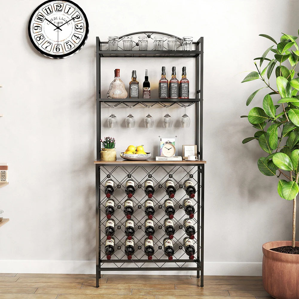 Freestanding Floor Wine Rack, Tall Wine Rack With Wine Glass Holder, Storage Rack, Wooden Metal Stackable Bread Rack, Modern Buffet Cabinet