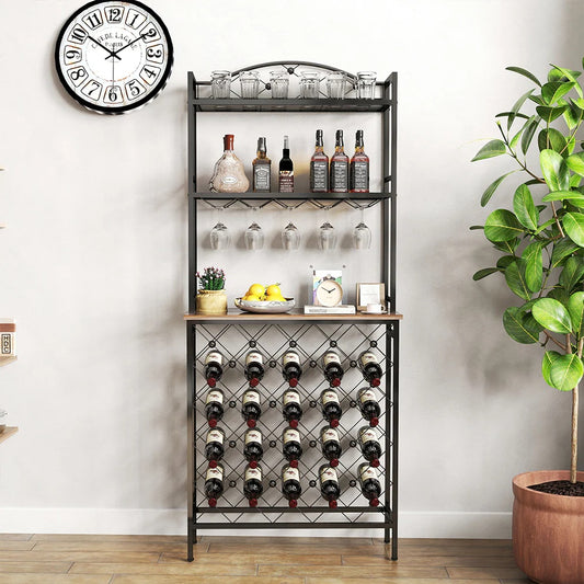 Freestanding Floor Wine Rack, Tall Wine Rack With Wine Glass Holder, Storage Rack, Wooden Metal Stackable Bread Rack, Modern Buffet Cabinet