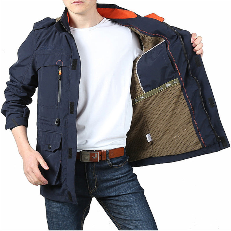 Cross-border AliExpress jacket men's mid-length casual outdoor hooded plus size jacket men's jacket spring and autumn