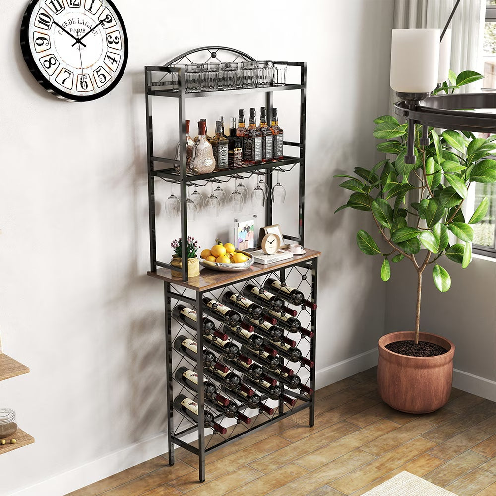 Freestanding Floor Wine Rack, Tall Wine Rack With Wine Glass Holder, Storage Rack, Wooden Metal Stackable Bread Rack, Modern Buffet Cabinet