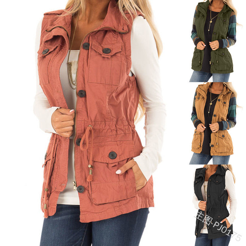 Solid Color Buttons Retro Drawstring Slim Fit Multi-pocket Women's Cardigan Vest