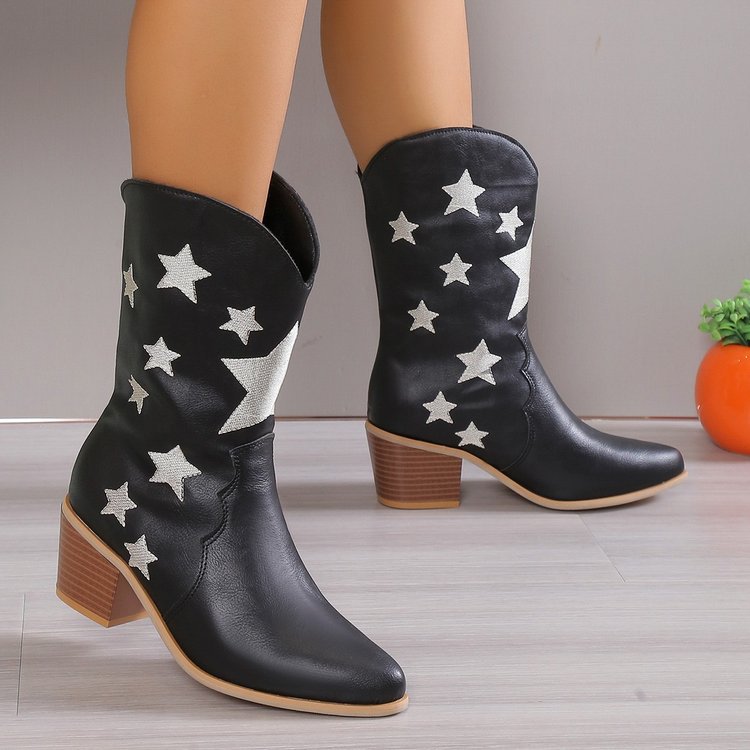 Women's Embroidered Knight Boots Winter Pointed Toe Chunky Heel Long Western Boots